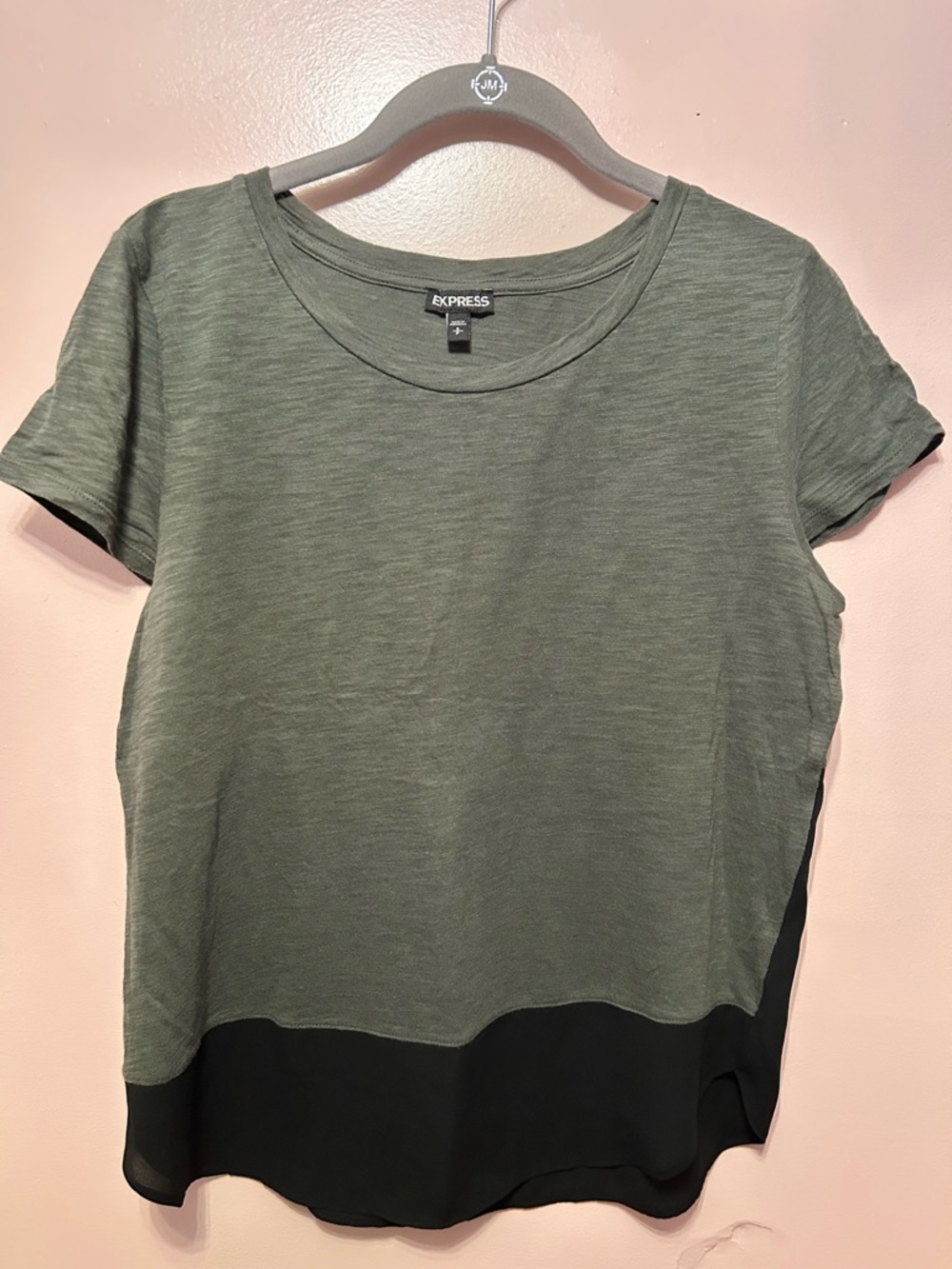 Express Olive Green Short Sleeve Top with Black Hem Trim